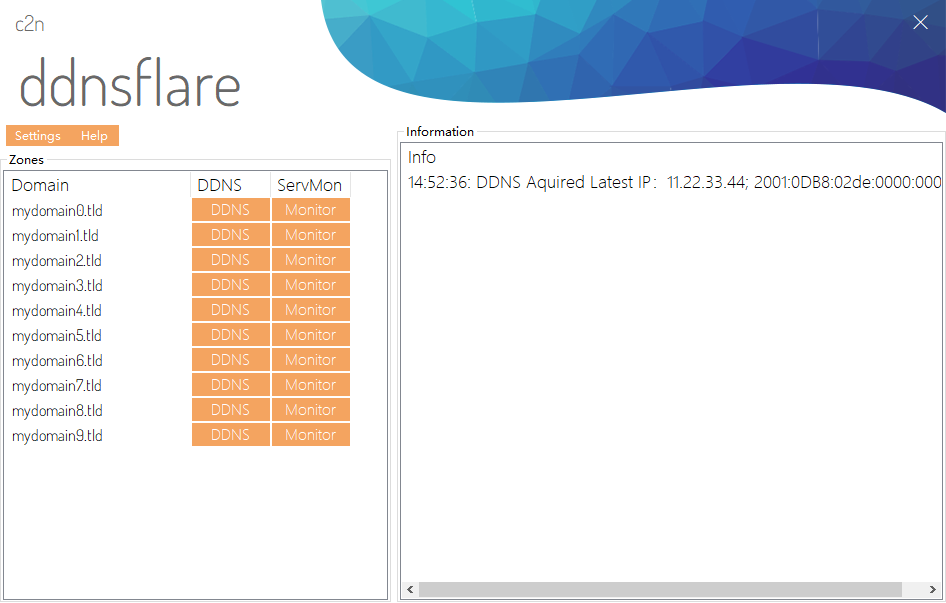 The DDNSFlare main window listing domains